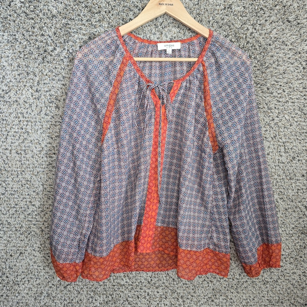 UMGEE Top Womens‎ Small Orange Printed Sheer Neck Tie Oversized Blouse Ladies